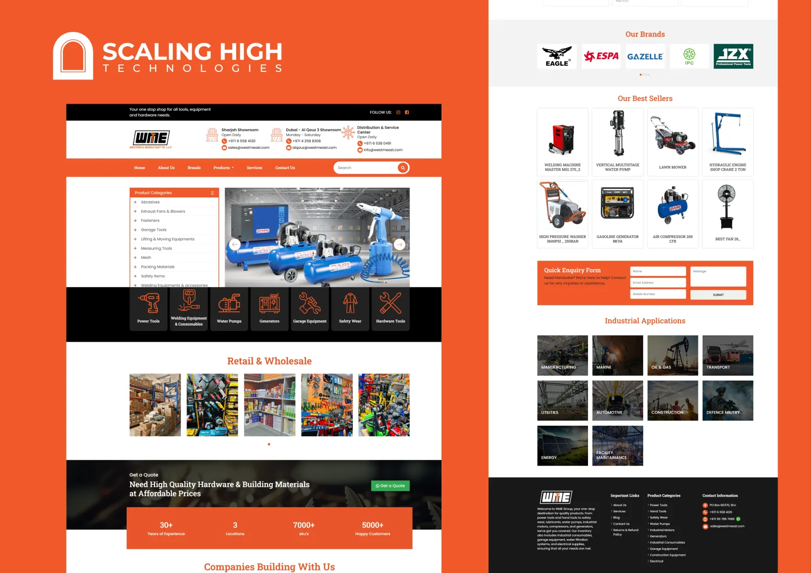 WME's previous WordPress-style website with a sidebar category menu, best sellers grid and industrial applications section, before the Next.js rebuild