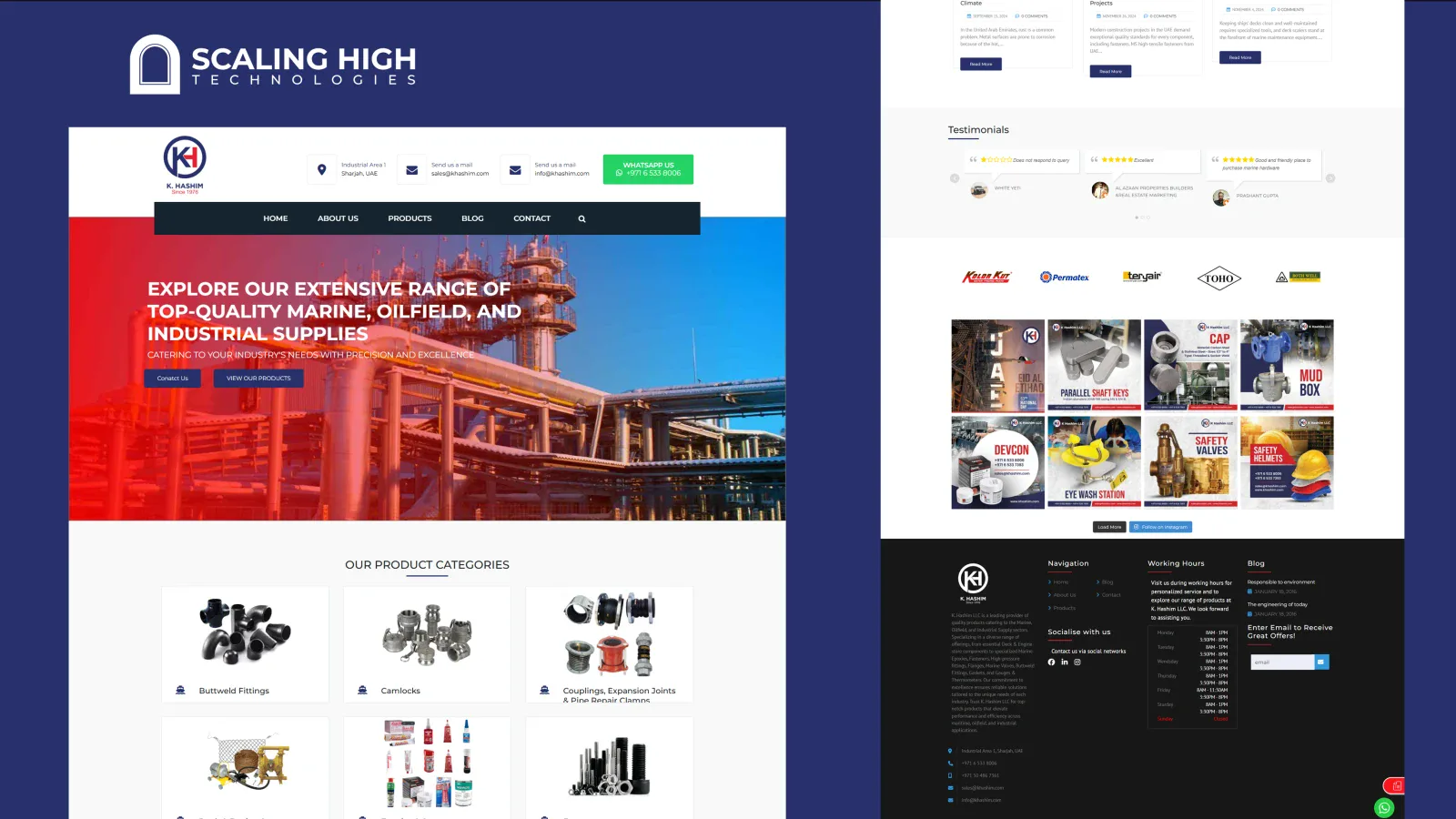 Homepage desktop view, blog, testimonials, and Instagram feed for a marine and industrial hardware supplier