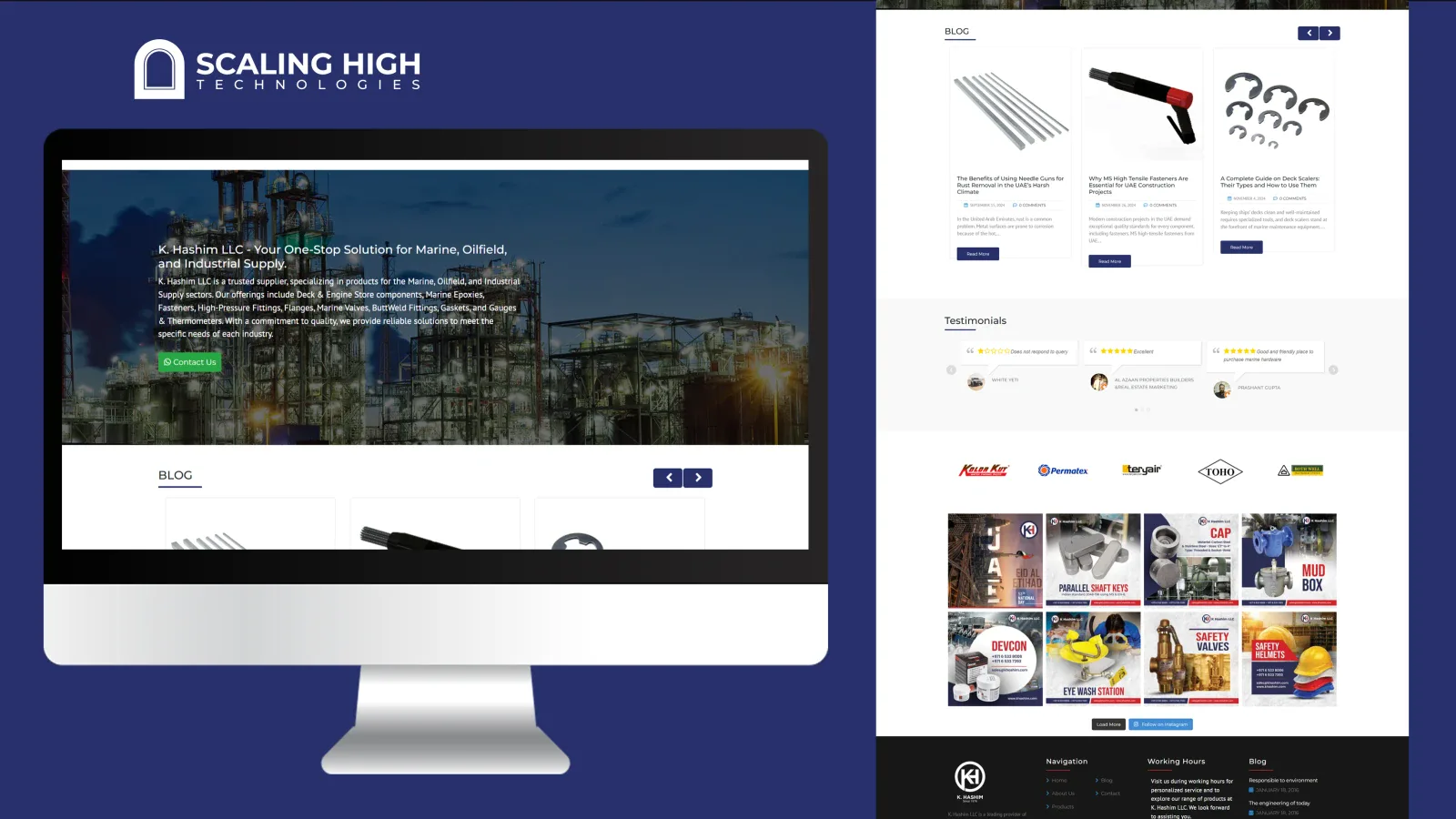 Homepage, blog section, customer testimonials, and Instagram feed composite for a marine hardware supplier's website