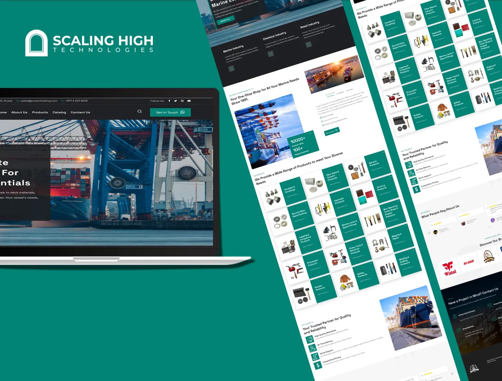Homepage of a marine ship supply company's website on laptop, alongside a large tiled grid of product categories