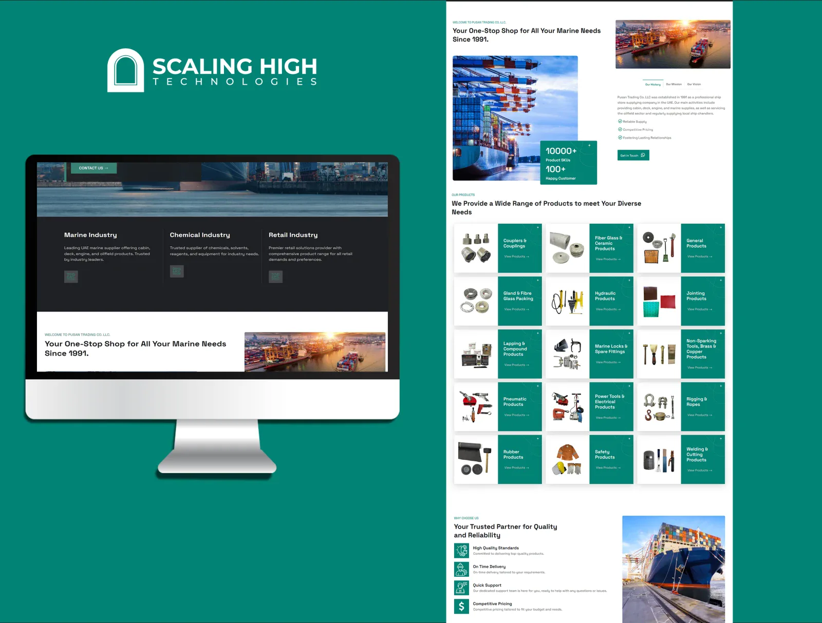 Homepage hero section and a full product category grid for a marine, chemical, and retail supply company