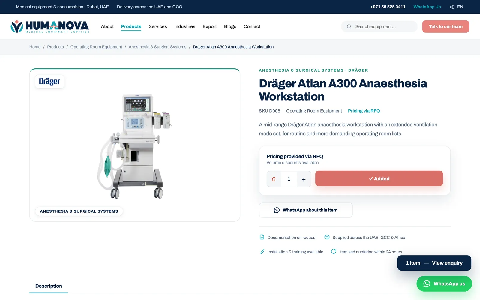 Add to quote list interaction on a product page showing the Added state and the floating quote bar