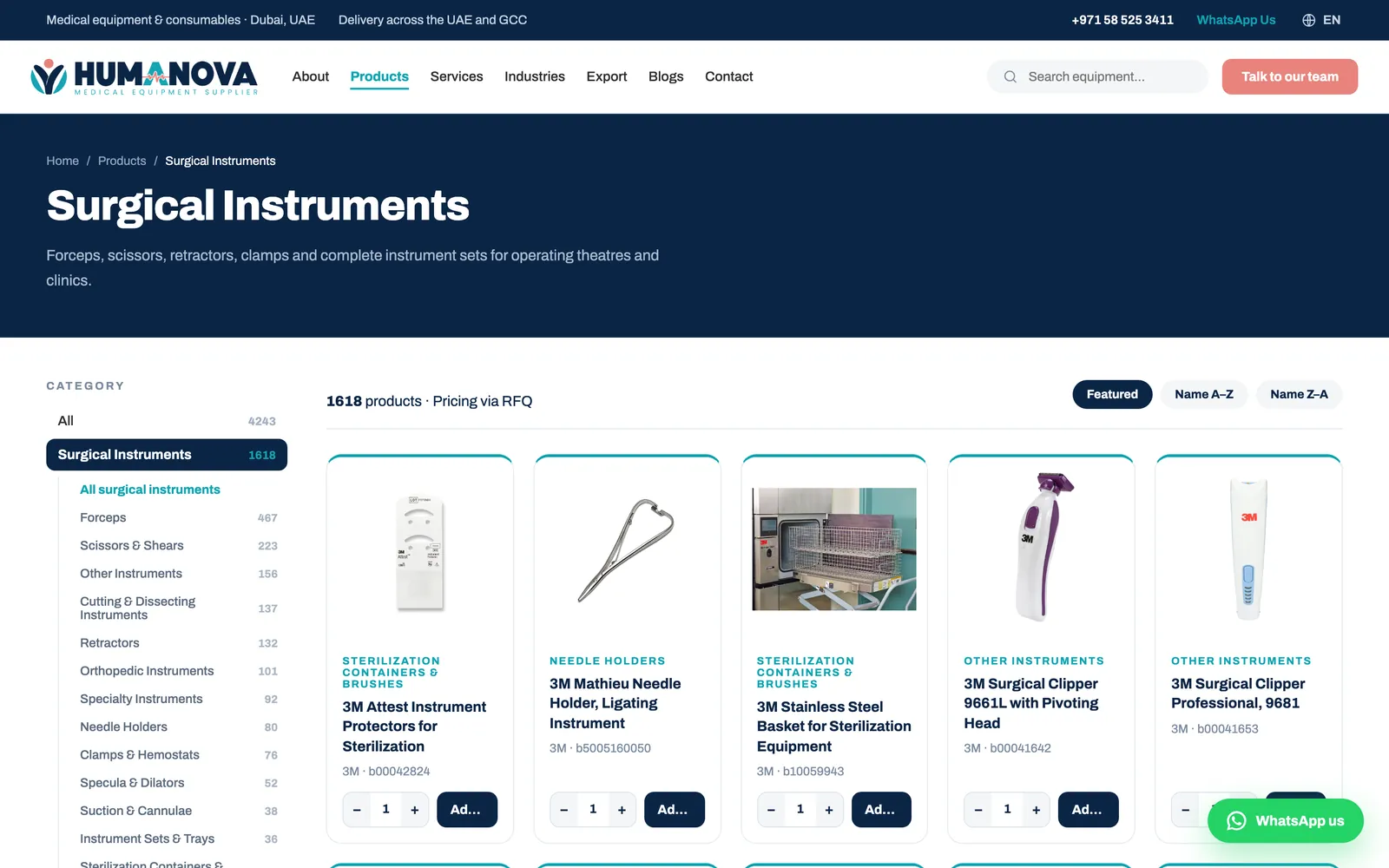 Surgical Instruments category landing page on a medical equipment supplier website with sidebar filters and product grid