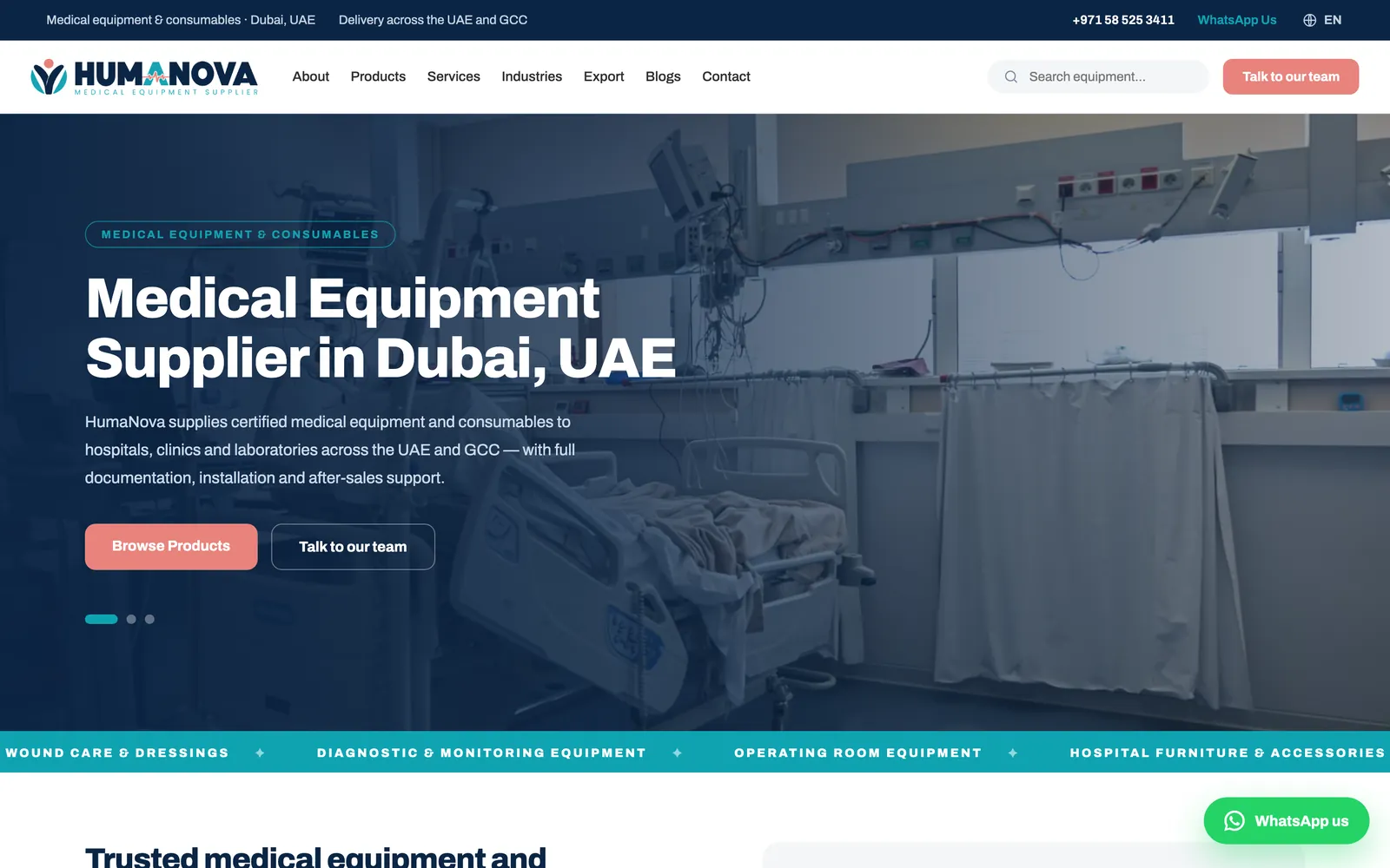 HumaNova homepage with hero, navigation, search bar and WhatsApp button, a medical equipment supplier website built in Dubai
