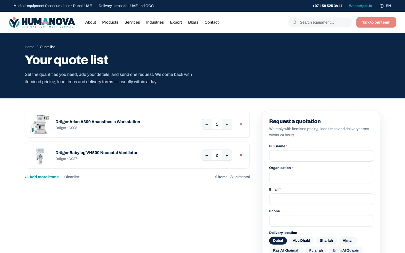Quote list page with two products added and a request-for-quotation form with delivery location options for each emirate