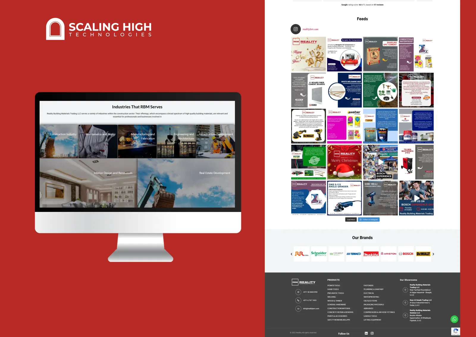 Industries-served section, Instagram feed of promotional graphics, and brand logo carousel for a multi-branch building materials retailer