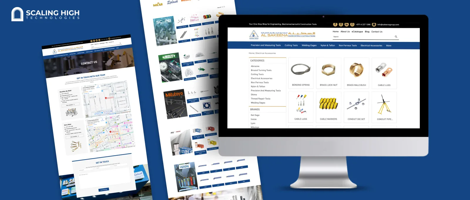 Contact page with two branch locations and a product category listing page for a hardware and electrical trading company