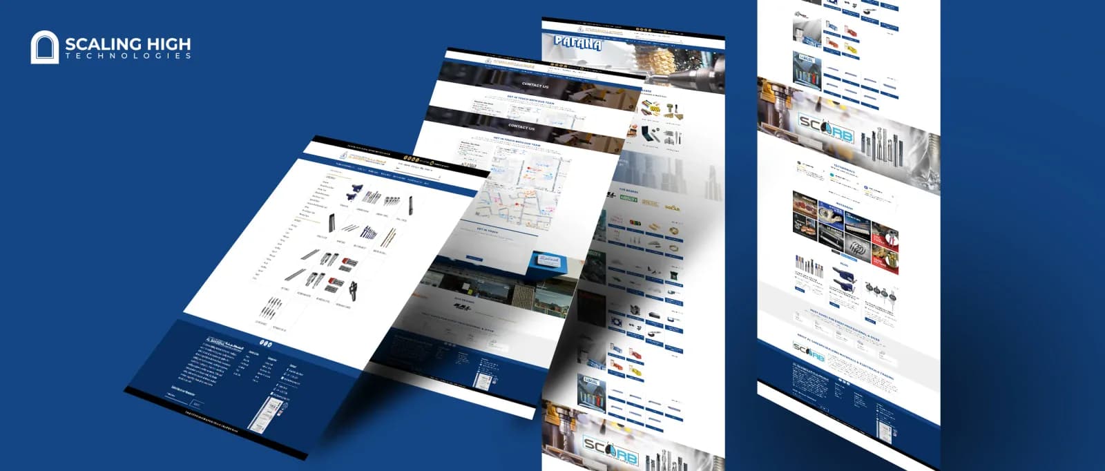 Composite of homepage, contact, and product category pages for a multi-branch hardware and electrical trading website