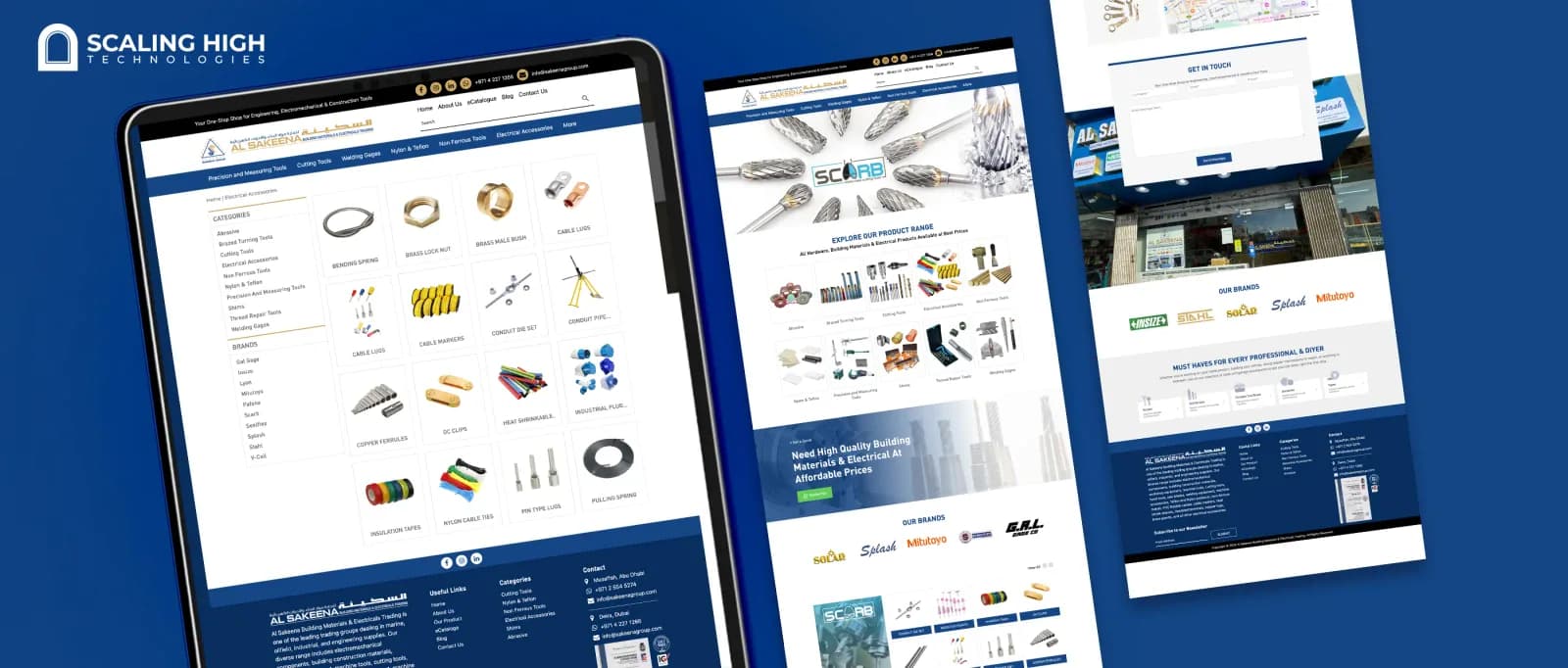 Product category page on tablet showing electrical accessories alongside a desktop contact page for an engineering tools supplier