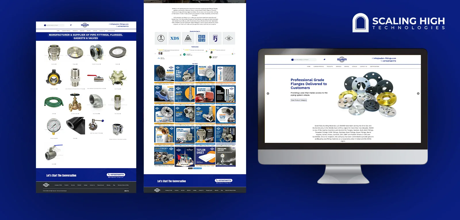Product listing page showing flanges, valves, and hoses, alongside a homepage banner reading "Professional Grade Flanges Delivered to Customers"