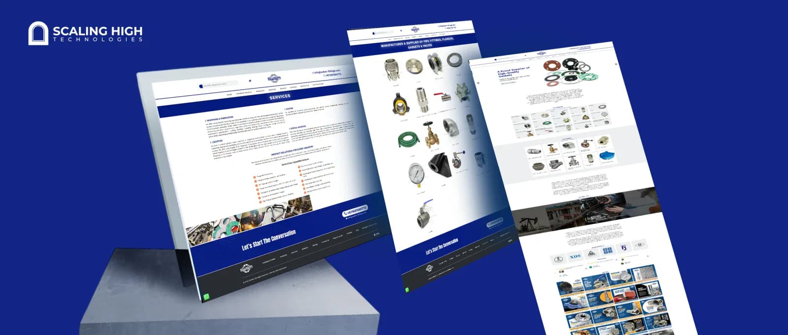 Services page detailing machining, fabrication, and logistics, alongside a product listing page for a pipe fittings and gaskets supplier