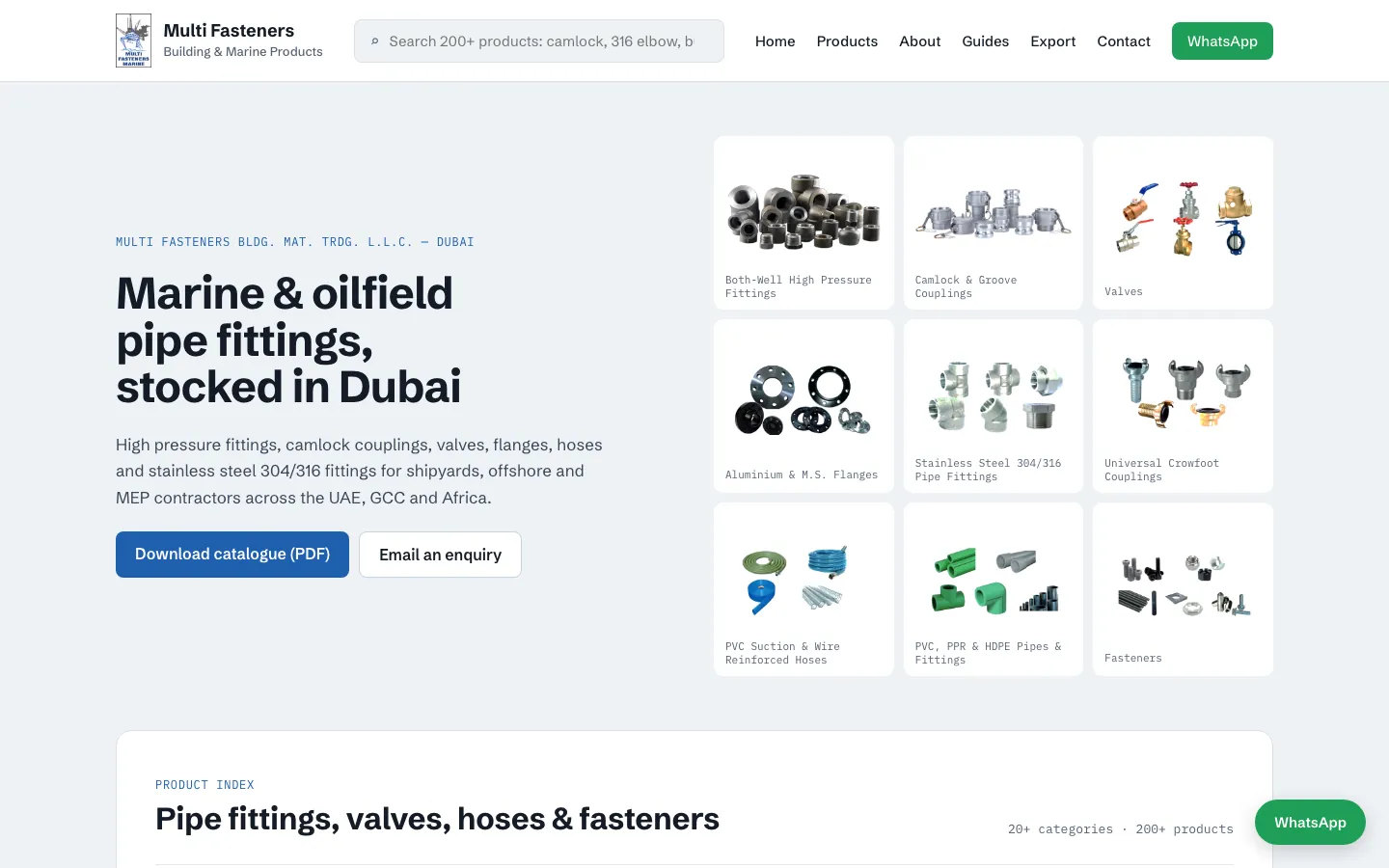 Homepage of a pipe fittings supplier website in Dubai showing product ranges and a catalogue download button, built by Scaling High
