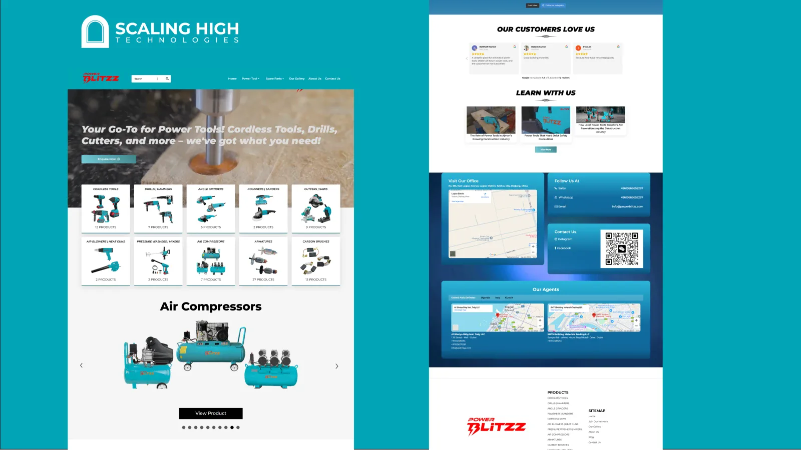 Full homepage of a power tools brand's website alongside customer testimonials, contact map, and footer