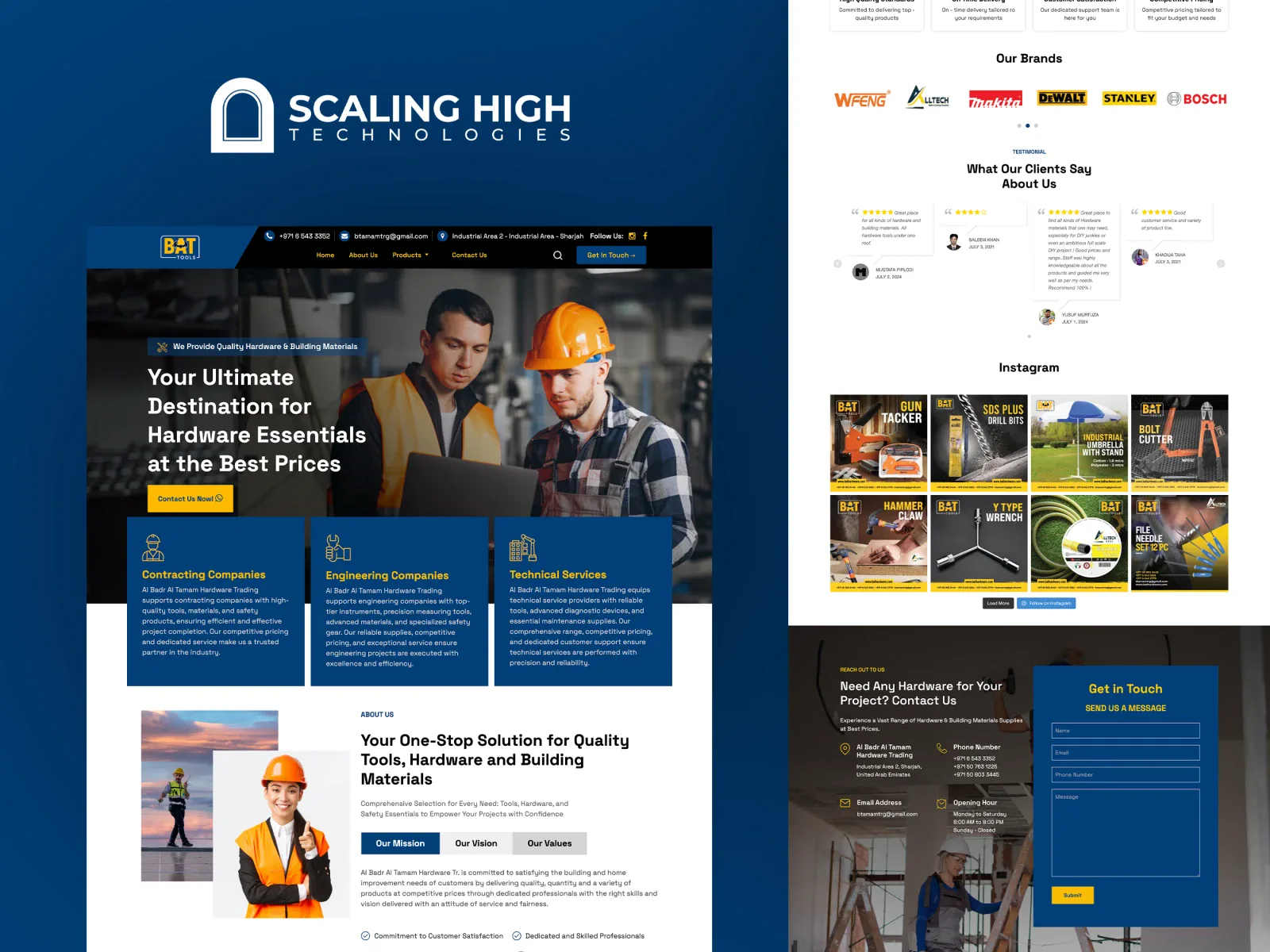 Brand logos, customer testimonials, and Instagram feed section of a hardware retailer's website