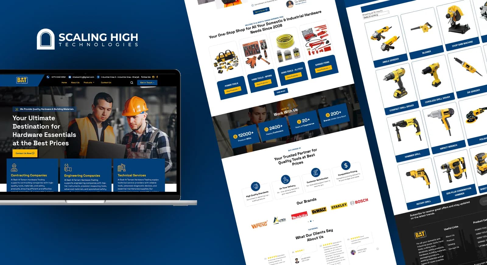 Product listing page of a power tools website showing angle grinders, drills, and impact wrenches in a grid layout