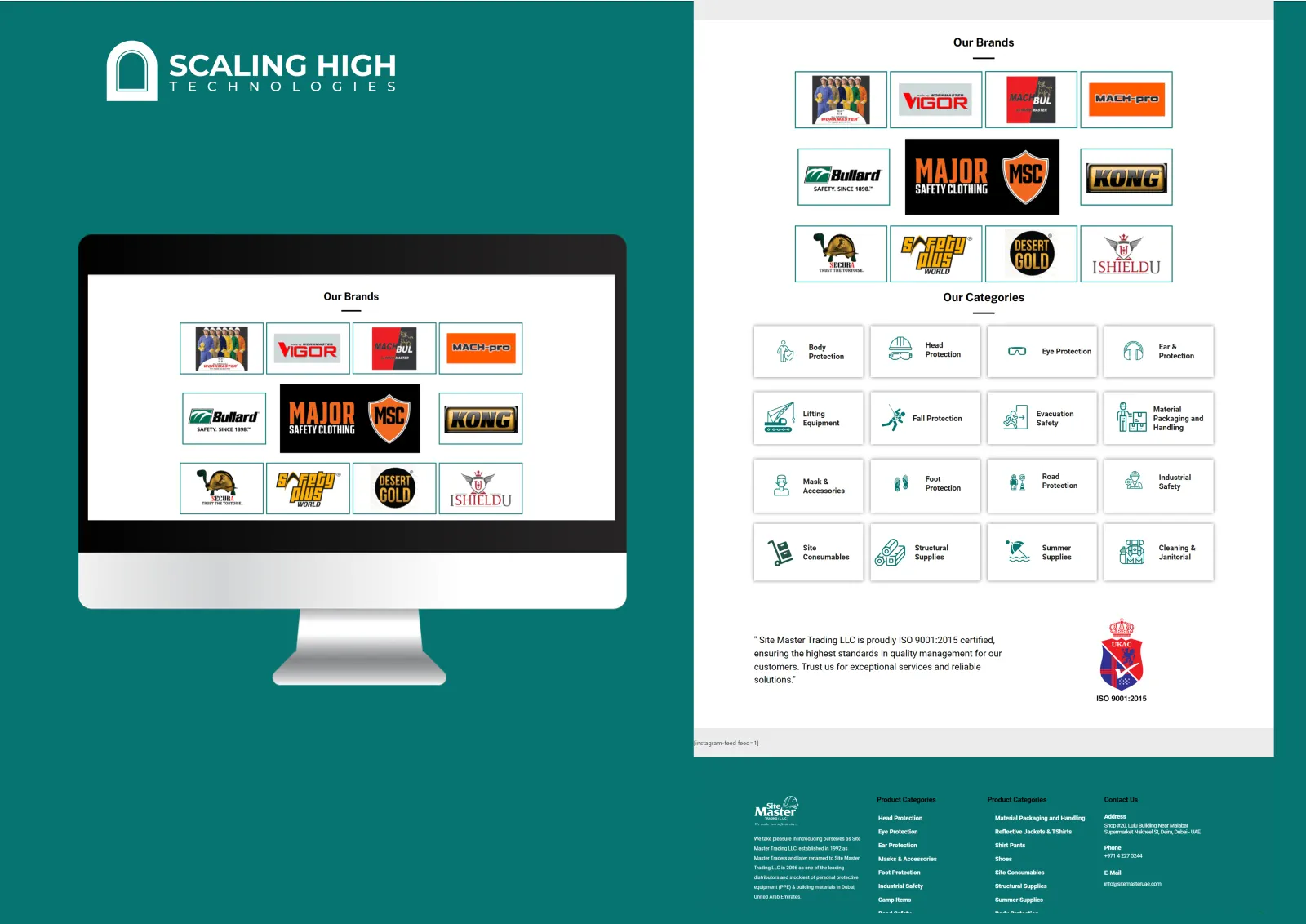 Full brand logo grid and product category icons (Body Protection, Head Protection, Eye Protection, and more) for a safety equipment website